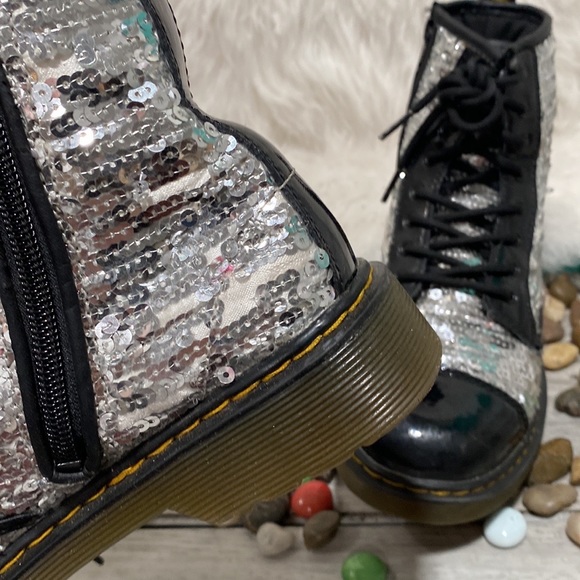 Dr. Martens Pooch Silver Sequins Combat Boots Side Zip - Picture 6 of 9
